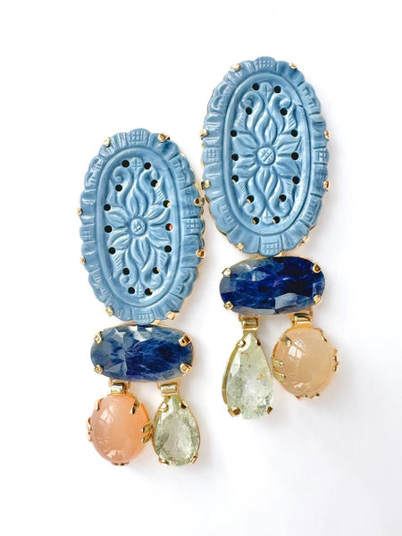 Hand Carved Blue Opal, Blue Sapphire, Aquamarine and Golden Moonstone Earrings