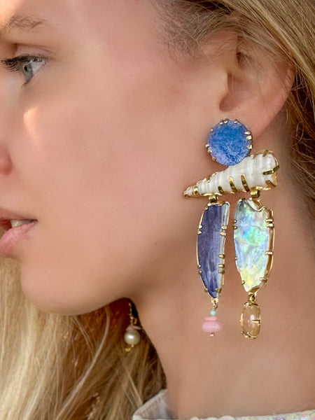 Citrine,pink opal, and oyster shell and mussel shell earrings.