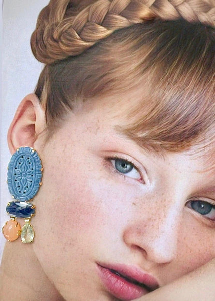 Hand Carved Blue Opal, Blue Sapphire, Aquamarine and Golden Moonstone Earrings