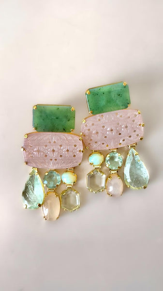 Hand Carved Pink opal, Jade, Opal, Prasiolite, Golden Moonstone and Natural Aquamarine Earrings