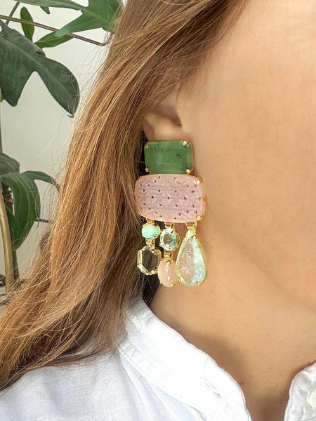 Hand Carved Pink opal, Jade, Opal, Prasiolite, Golden Moonstone and Natural Aquamarine Earrings