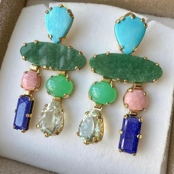 18ct Gold Plated Earrings with Turquoise, Jade, Pink Opal, Labodorite, Lapis Lazuli, Chrysoprase and Prasiolite
