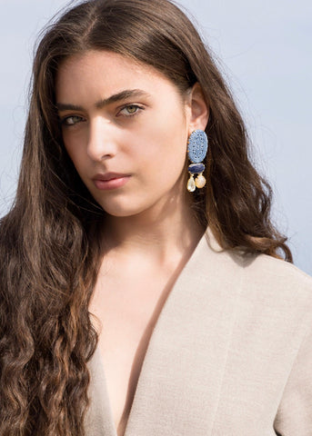 Maidens Cove: Hand Carved Blue Opal, Blue Sapphire, Aquamarine and Golden Moonstone Earrings