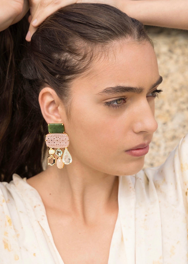 Maidens Cove: Hand Carved Pink opal, Jade, Opal, Prasiolite, Golden Moonstone and Natural Aquamarine Earrings