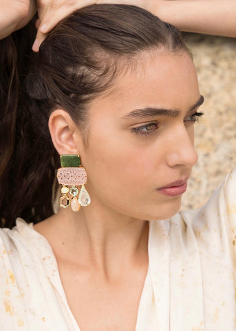 Maidens Cove: Hand Carved Pink opal, Jade, Opal, Prasiolite, Golden Moonstone and Natural Aquamarine Earrings