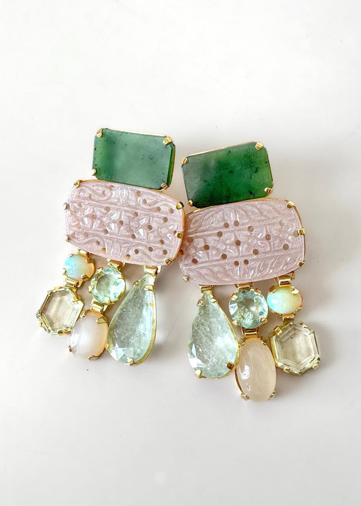 Hand Carved Pink opal, Jade, Opal, Prasiolite, Golden Moonstone and Natural Aquamarine Earrings