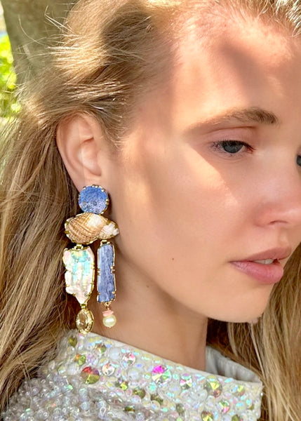 Citrine,pink opal, and oyster shell and mussel shell earrings.