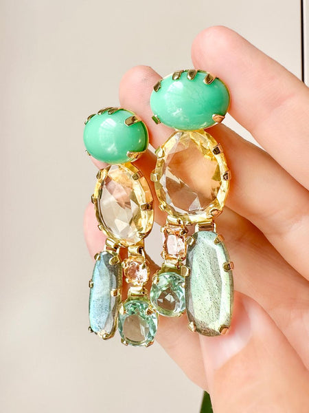 Chrysoprase, Citrine, Peach Tourmaline, Labradorite and Fluorite Earrings