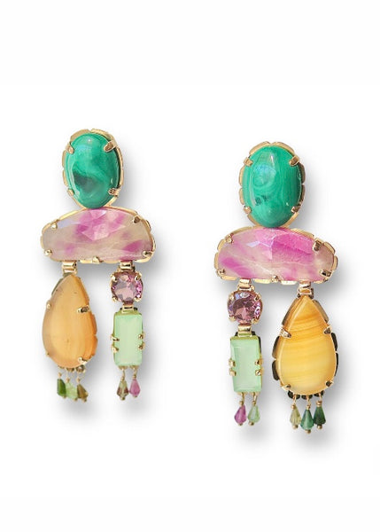 Malachite, ruby, carnelian chalcedony and tourmaline earrings