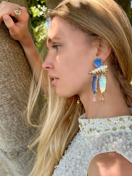 Citrine,pink opal, and oyster shell and mussel shell earrings.