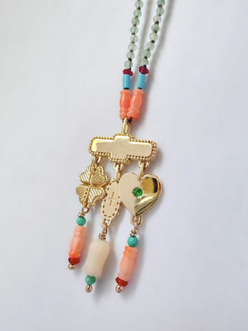 9ct Gold Pendant With Emerald, Coral and Turquoise