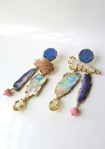 Citrine,pink opal, and oyster shell and mussel shell earrings.