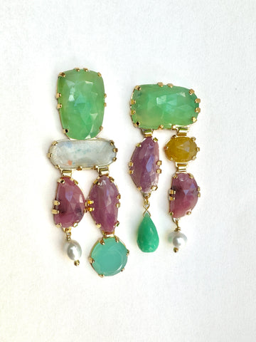 18ct Gold Plated Earrings with Chrysoprase, Ruby, Yellow Sapphire, Peal and Chalcedony