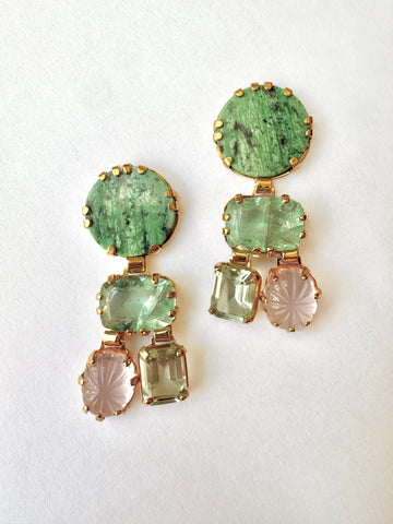 18ct Gold Plated Earrings with Jade Rose Quartz and prasiolite