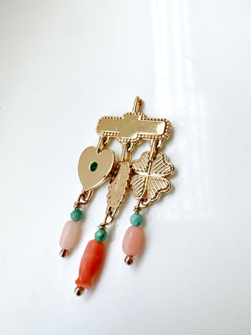 9ct Gold Pendant With Emerald, Coral and Turquoise