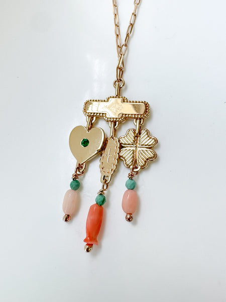9ct Gold Pendant With Emerald, Coral and Turquoise