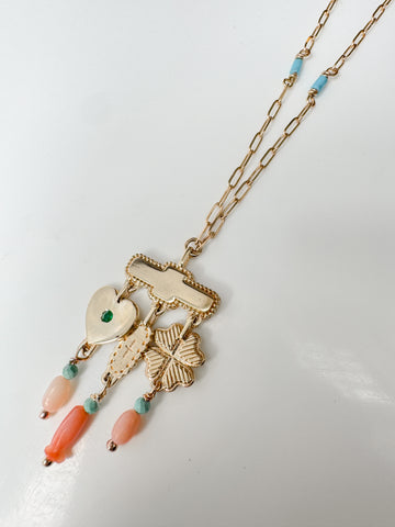 9ct Gold Pendant and Chain With Emerald, Coral and Turquoise