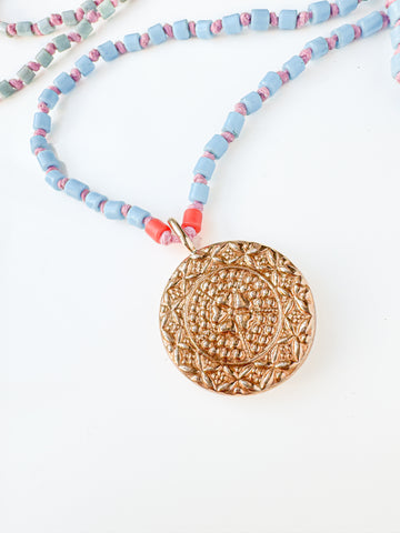 Bronze Medallion Pendant with Antique Glass Beads