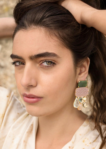 Maidens Cove: Hand Carved Pink opal, Jade, Opal, Prasiolite, Golden Moonstone and Natural Aquamarine Earrings