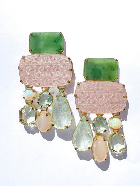 Maidens Cove: Hand Carved Pink opal, Jade, Opal, Prasiolite, Golden Moonstone and Natural Aquamarine Earrings