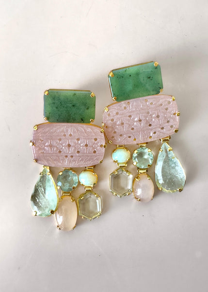 Maidens Cove: Hand Carved Pink opal, Jade, Opal, Prasiolite, Golden Moonstone and Natural Aquamarine Earrings