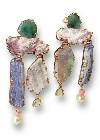 Prasiolite, emerald, pearl, coral and shell earrings